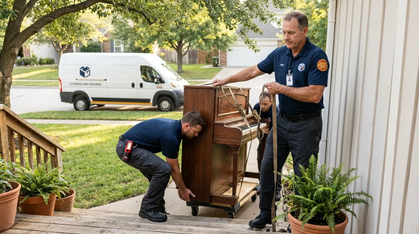 Licensed piano movers securing grand piano in Carthage, MS