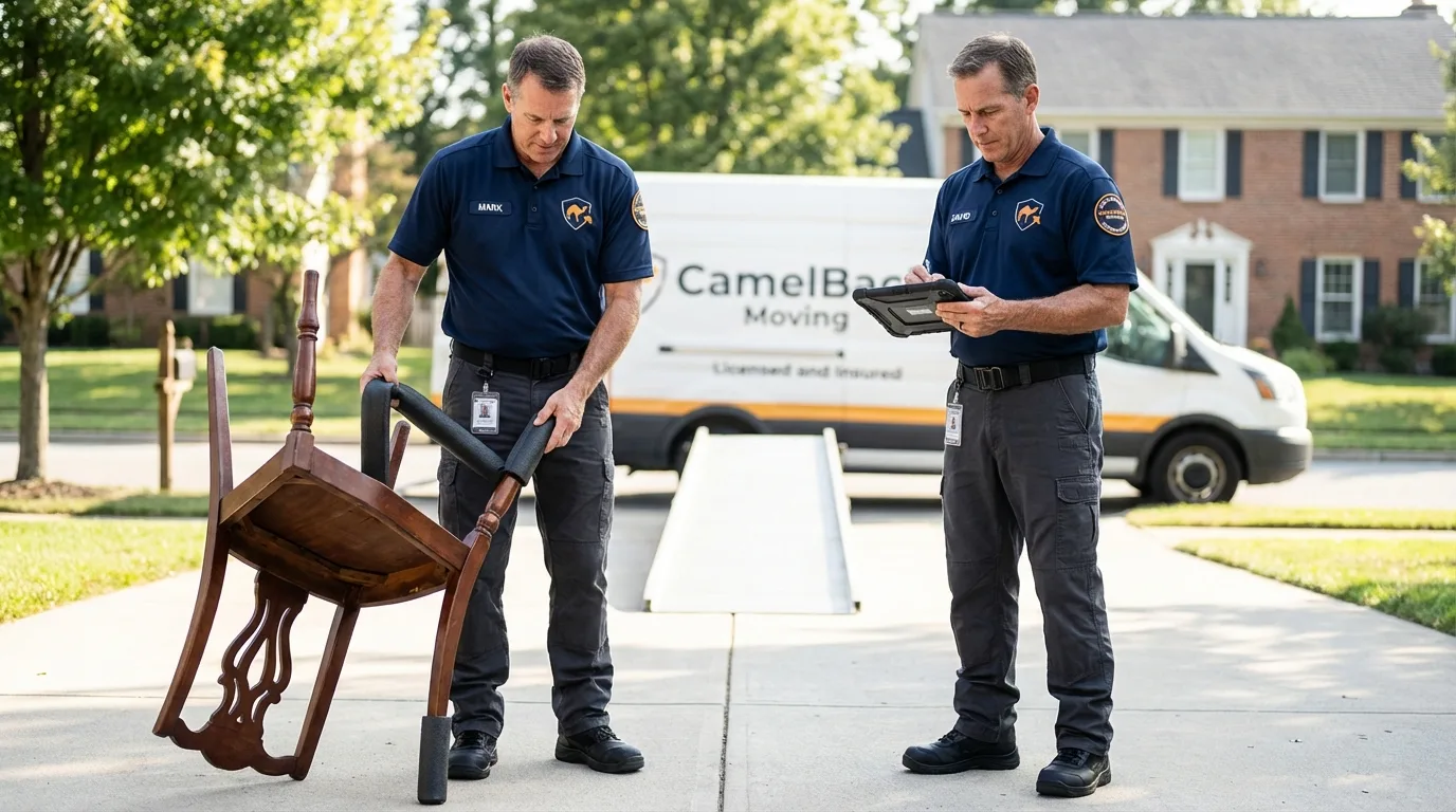 Movers inspecting furniture for damage prevention before loading in Carthage, MS