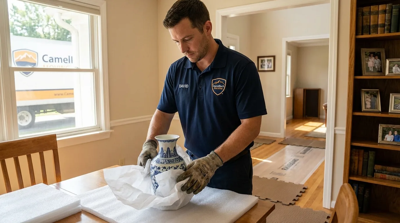Professional crew carefully wrapping antique vase for senior downsizing move in Carthage, MS